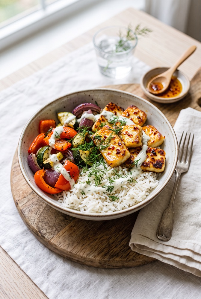 Hot Honey Halloumi Bowl - inspiracja podania z diety Deep Breath